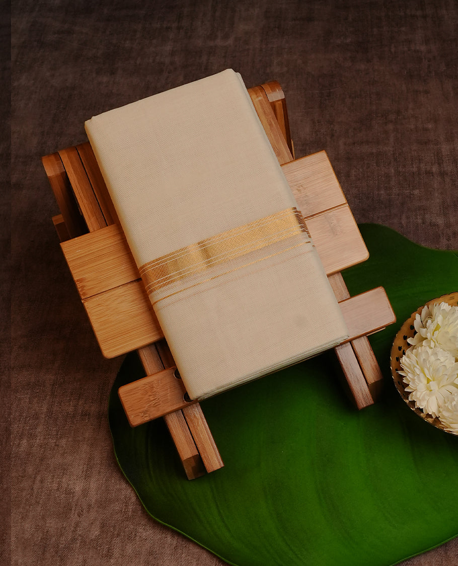 Cream colour Cotton Double dhoti featuring plain with Gold  kara.