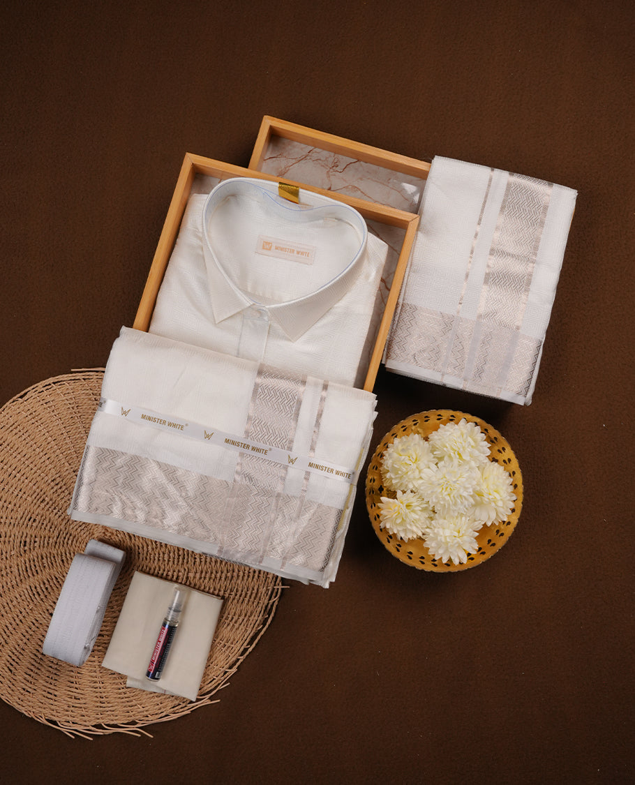 Half white colour MINISTER WHITE shirt paired with a matching dhoti, finishing with a silver border