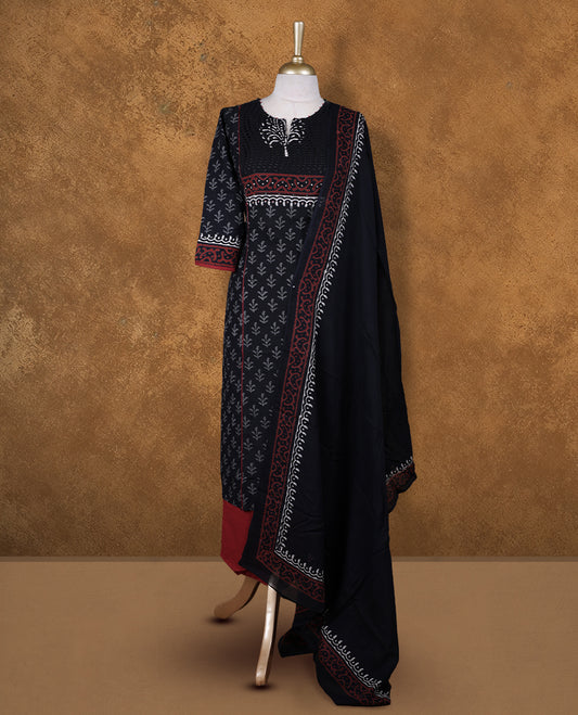 Brown & Black colour churidar set featuring thread and beats embroidered on neckline, sleeves, and floral printed pattern on body , Paired with a matching dupatta