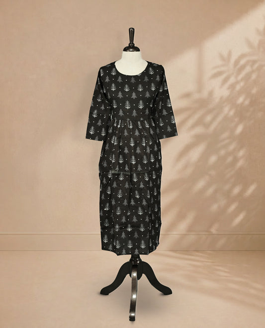 Black Kurti featuring White Digital prints across the body, a Round neckline and 3/4 sleeves with a matching design.