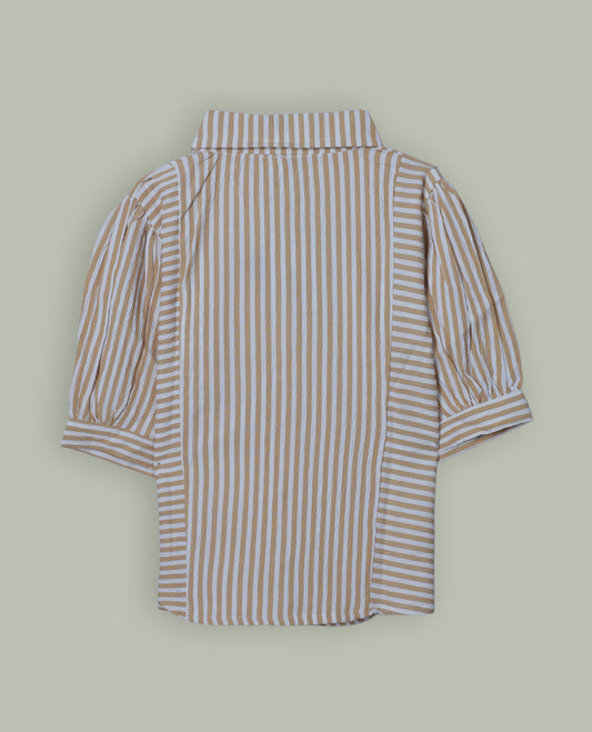 Yellow & white colour shirt top with decorative front button & stripped body, thread pattern and sleeve.