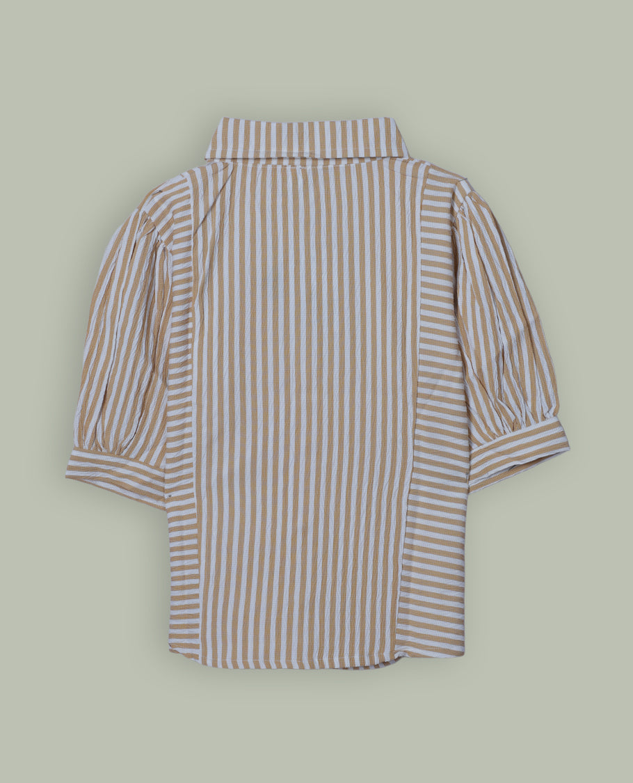 Yellow & white colour shirt top with decorative front button & stripped body, thread pattern and sleeve.