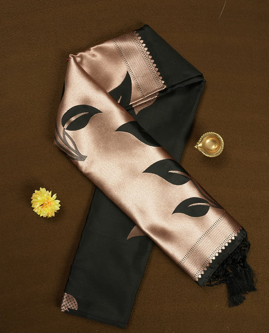 Black Semi Silk Saree with Rose Gold Satin-Finish Pallu Featuring Bold Leaf Motifs, Geometric Zari Edging and Tassels, Paired with Coordinated Blouse Piece