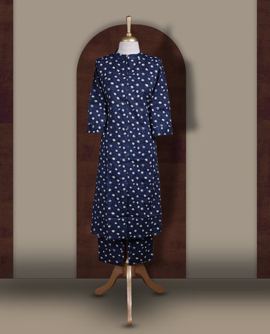Navy blue colour coord set with beige prints all over, featuring a smart mandarin collar and 3/4 sleeves, Paired with matching straight pants, this set blends comfort and elegance for a stylish everyday look.