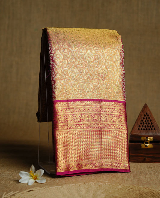 Gold & Magenta double shade colour kancheepuram tissue silk saree featuring gold zari floral kodi pattern on body, complemented by contrast magenta colour with traditional border, paired with matching blouse piece.