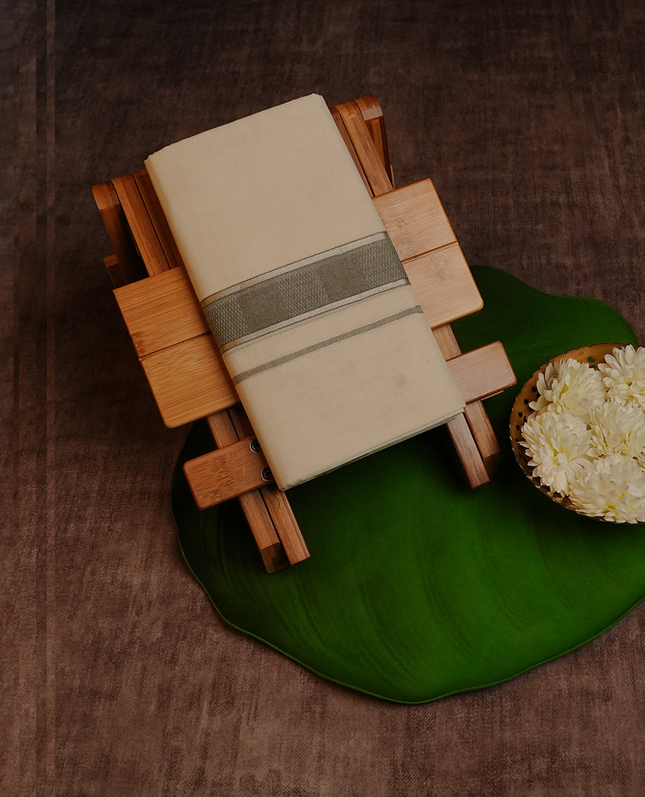 Cream Colour Cotton Double Dhoti Finished With Grey  & Silver kara.