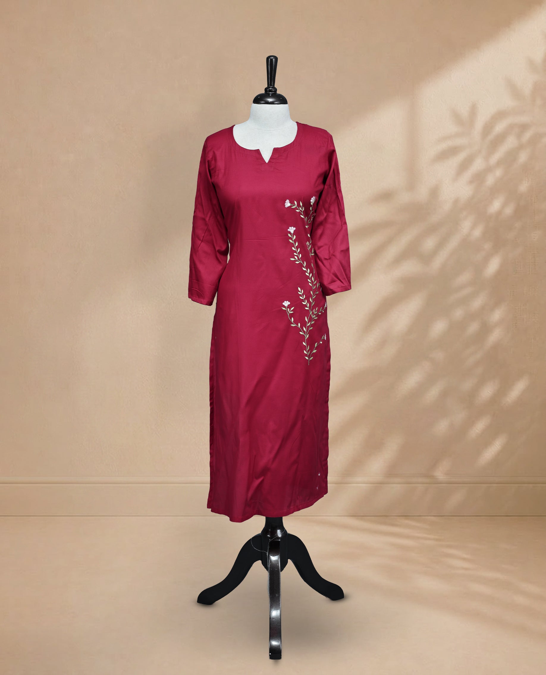 Crimson Red Colour Kurti Featuring U-Shaped Neckline, delicate  floral vine embroidery Work On Body & Sleeve