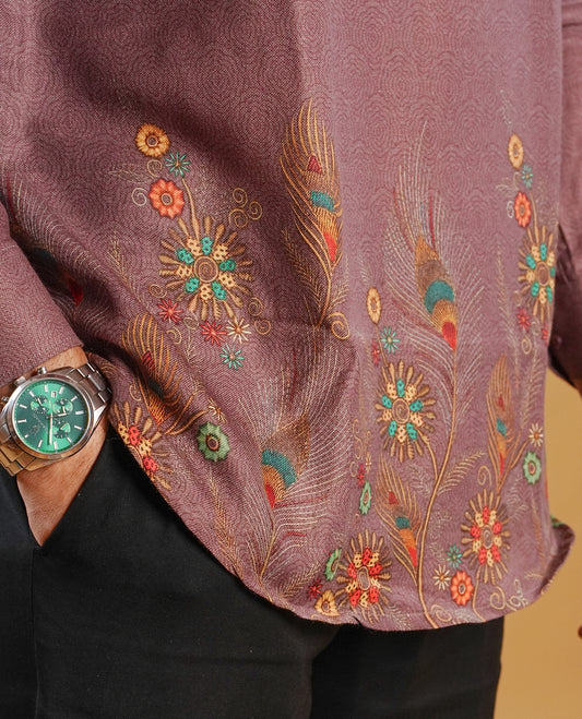 Bronze colour men's kurta featuring elegant Print on the Border, complemented by full sleeves for a refined and festive look.