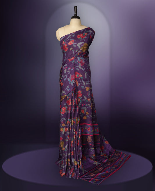 Purple colour saree enhanced with a vibrant multiple colour floral prints on body & pallu, and comes with a matching blouse.