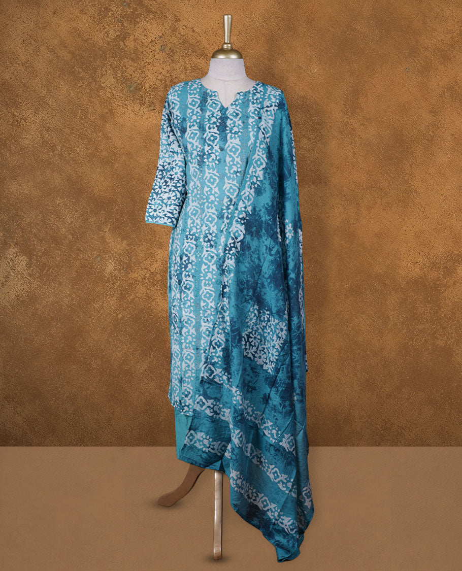 Aqua blue colour churidar set featuring V neckline, sleeves, and White printed pattern on body , Paired with a matching dupatta