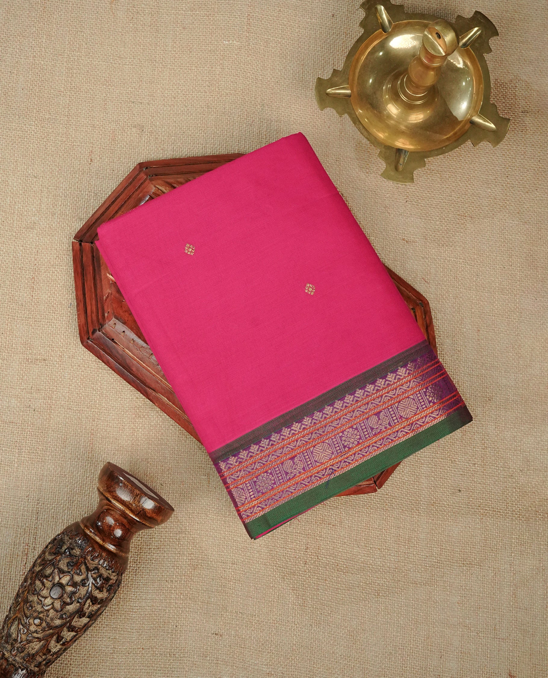 Rani Pink Colour Chettinad Cotton Saree Featuring Gold Zari Motifs on the Body, Complemented by a Green & Violet Colour Border with Peacock Gold Zari Design and a Contrast Gold Zari Pallu, Paired with a Matching Blouse Piece