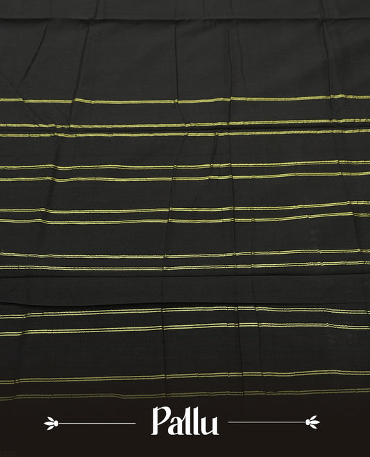 Black colour Narayanapattu cotton saree featuring a self coloured body, maroon coloured with gold zari pattern border and gold striped colour pallu, pairing a matching blouse piece.