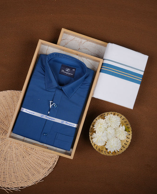 Dark Blue Colour shirt paired with a matching dhoti, finished with a teal blue and gold border.