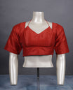 Red colour colour silk padded readymade blouse with elbow-length sleeves, a V-neck front, and a deep U-back with tie-up dori.