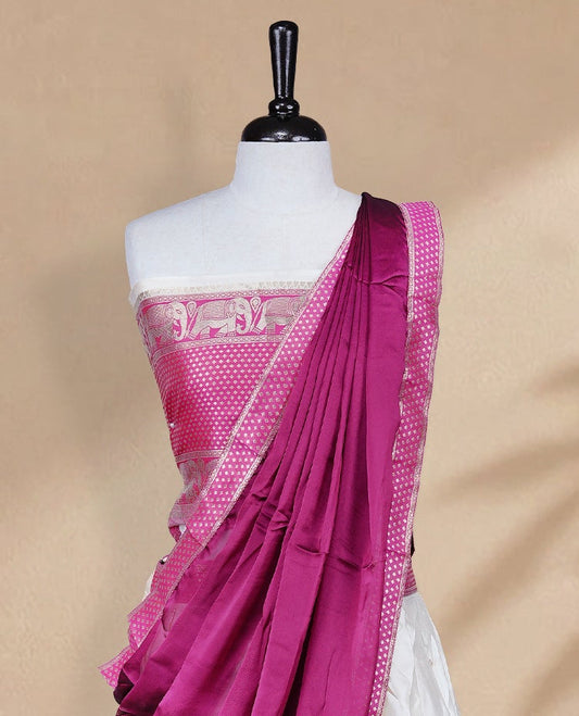 Cream colour Half saree featuring Gold zari buttas on skirt with Zari border on contrast Magenta colour border, Unstitched Blouse and matching dupatta.