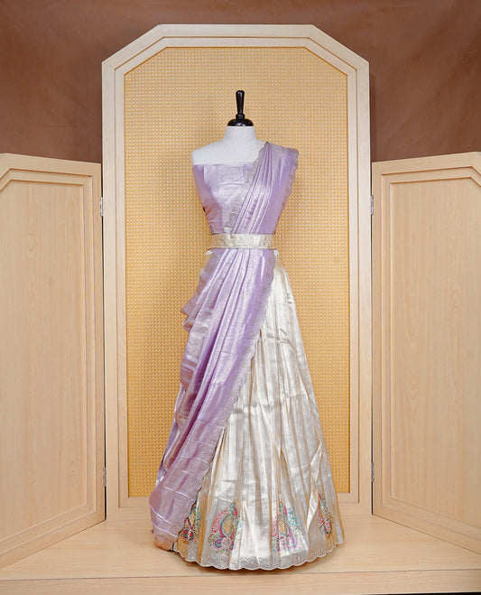 Light gold & Light Lavender Semi Stitched Dhavani Set Light Gold Skirt With Floral Pattern & Stone Worked Border, Paired with Unstitched Blouse, Elegant Dupatta For Prefect look.