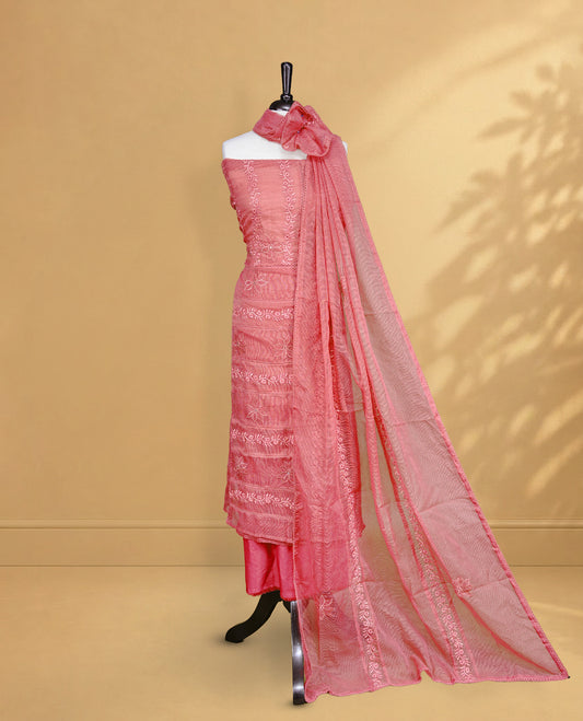 Mavue colour Salwar material featuring Self colour Floral Thread pattern, Matching bottom and paired with Same colour with thread patterned Dupatta.