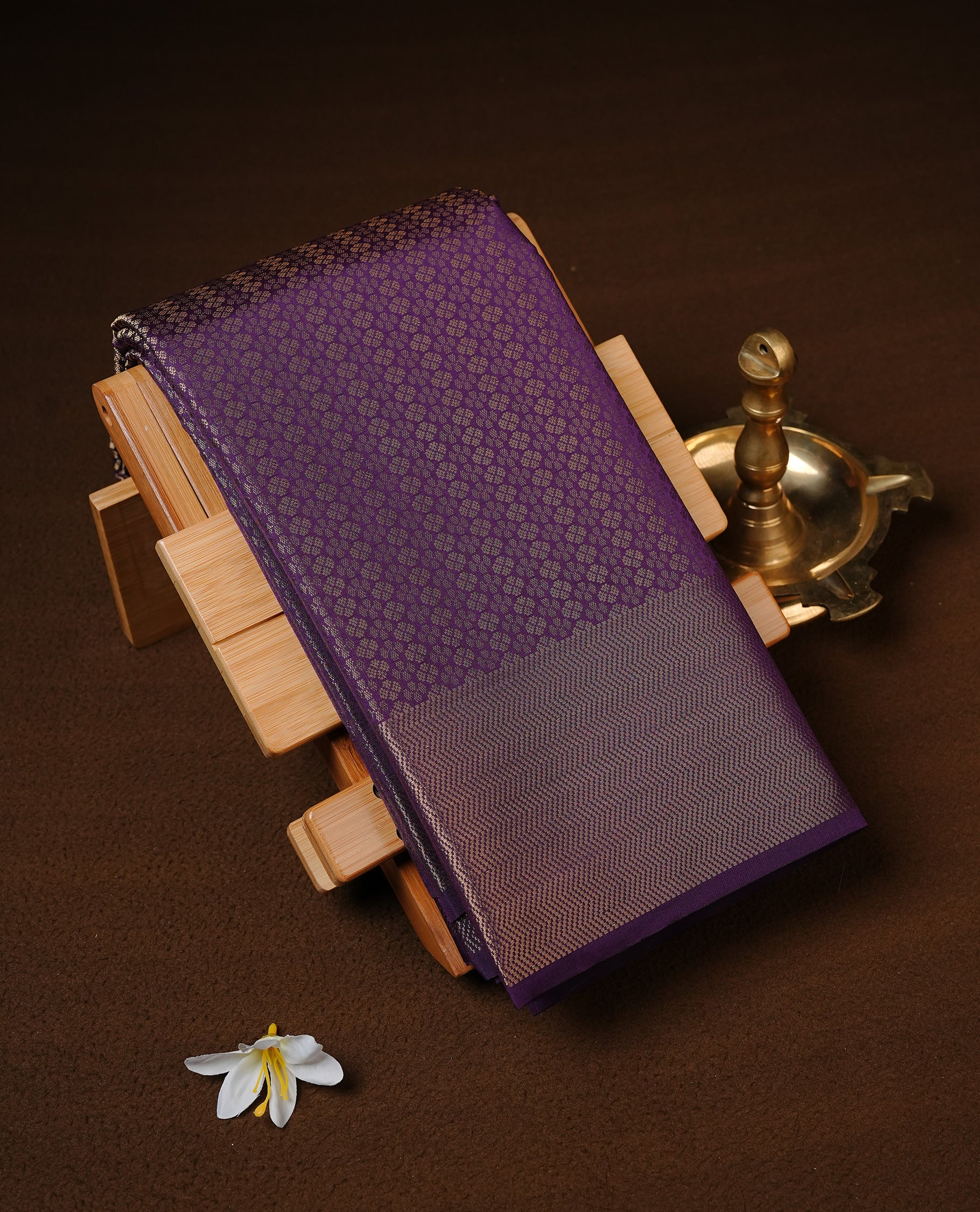 Violet Colour Semi Wedding Silk Saree Featuring Gold Zari Floral Stripes On Body, Adored With Self colour With Traditional Border, Paired With Matching Blouse Piece.