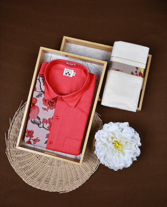 Half an Half Pink &  light coffee brown Floral Printed KARI Shirt paired with a Cream Dhoti, elegantly finished with a matching floral border.