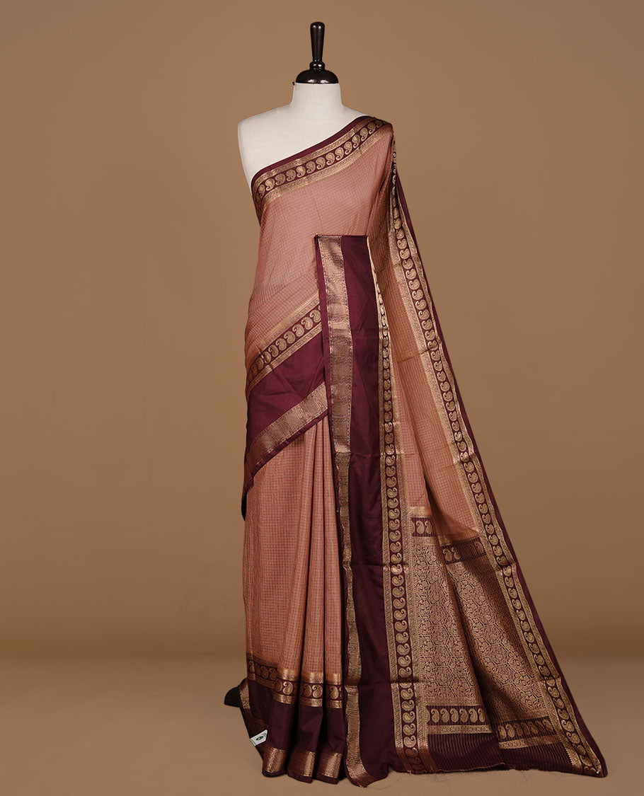 Coffee colour semi georgette saree featuring gold zari check pattern on body, complemented by contrast chocolate colour with zari border, paired with matching blouse piece.