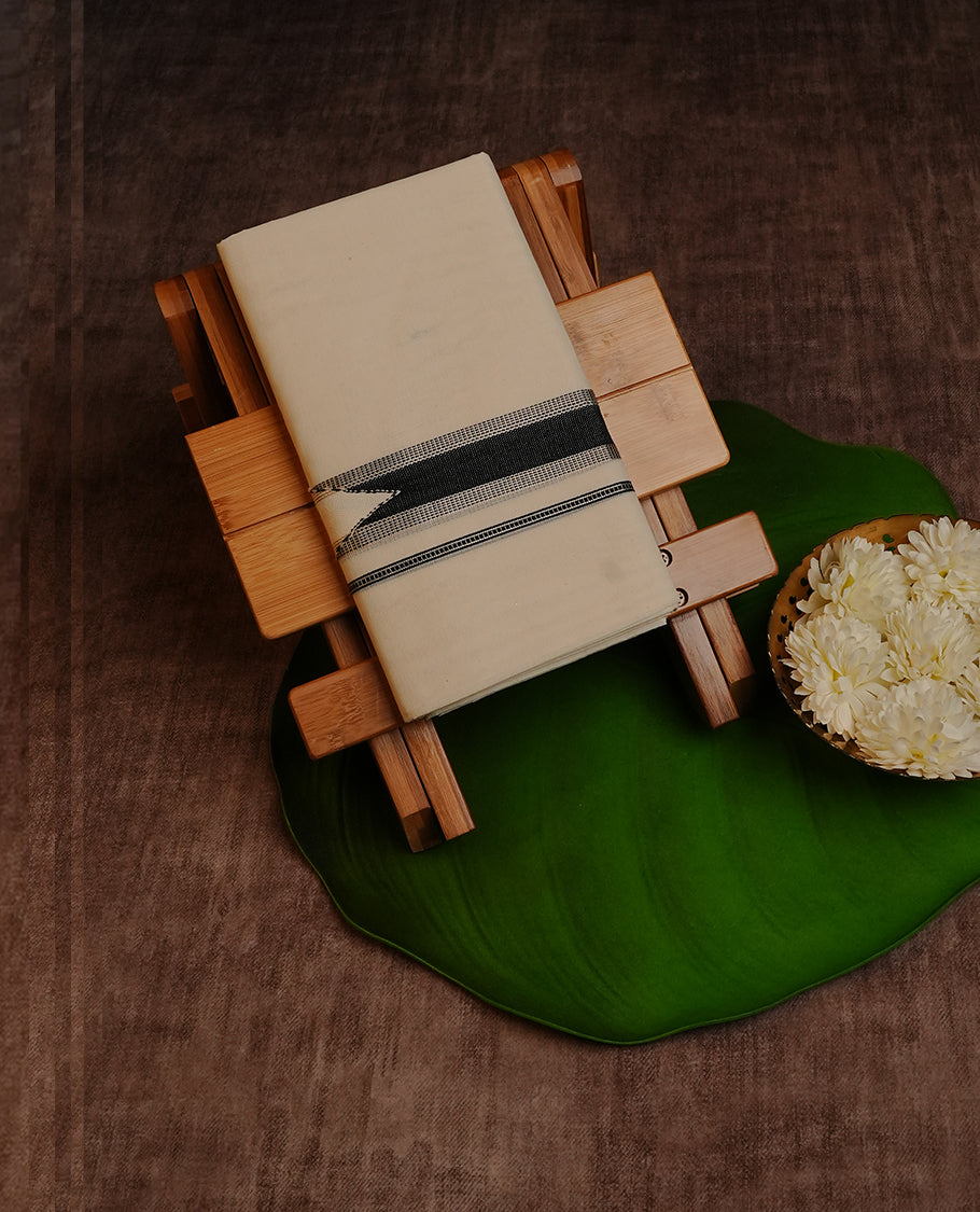 Cream Colour Cotton Double Dhoti Finished with Black & Light Gold Kara