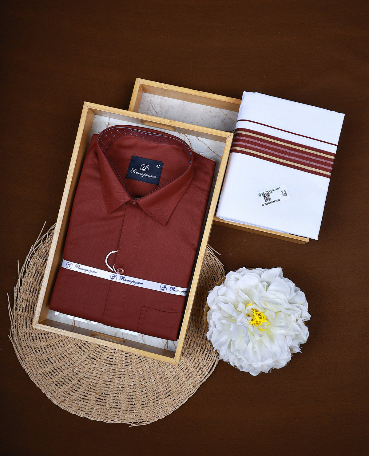 Maroon  colour RAMAJAYAM shirt paired with a matching dhoti, finishing with a maroon kara