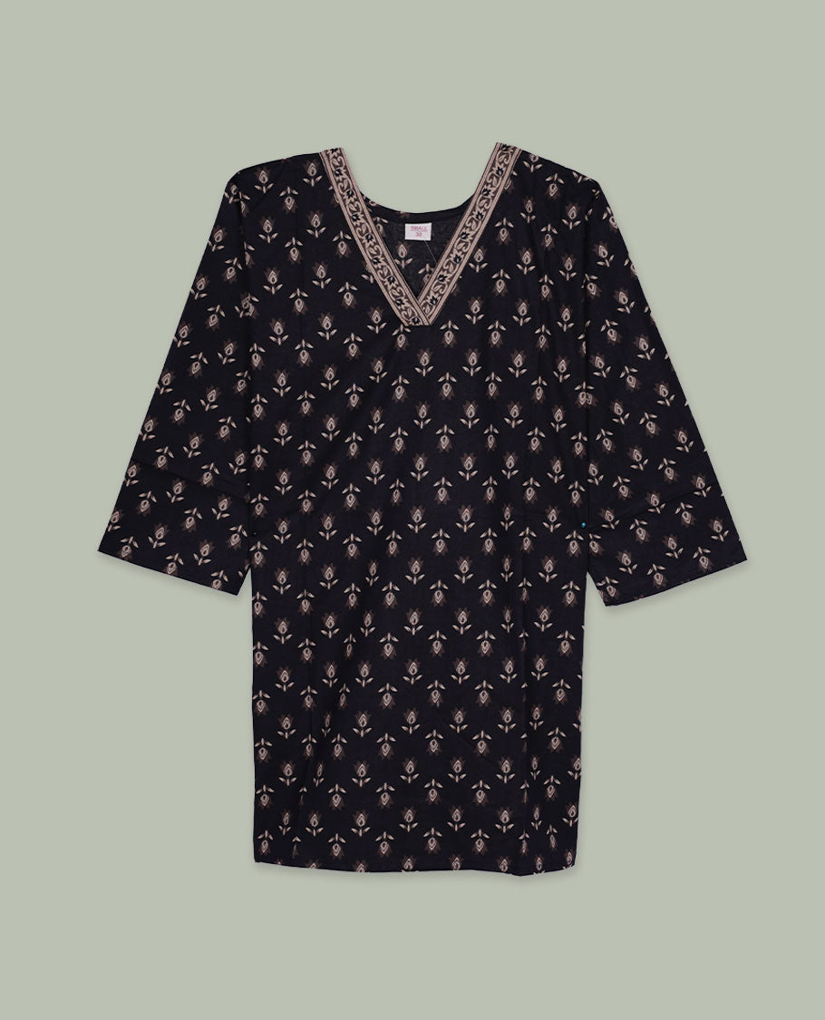 Black printed tunic top featuring an all-over ethnic motif print, V-neckline with contrast border detailing, three-quarter sleeves, and a straight, easy-fit silhouette.