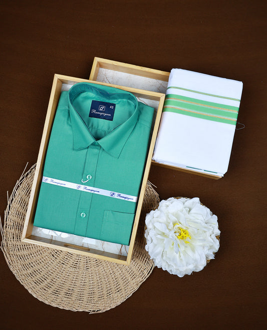 Green colour RAMAJAYAM shirt paired with a matching dhoti, finishing with a Green & gold kara