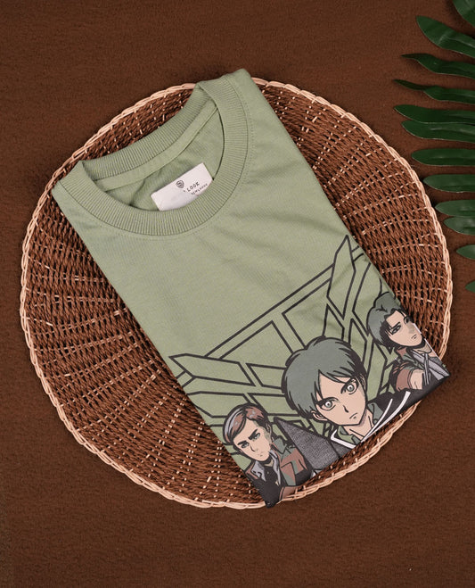 Pastel Green colour men's T shirt featuring bold anime character print with Japanese text, made from soft fabric with half sleeves and a crew neck for a stylish and comfortable fit