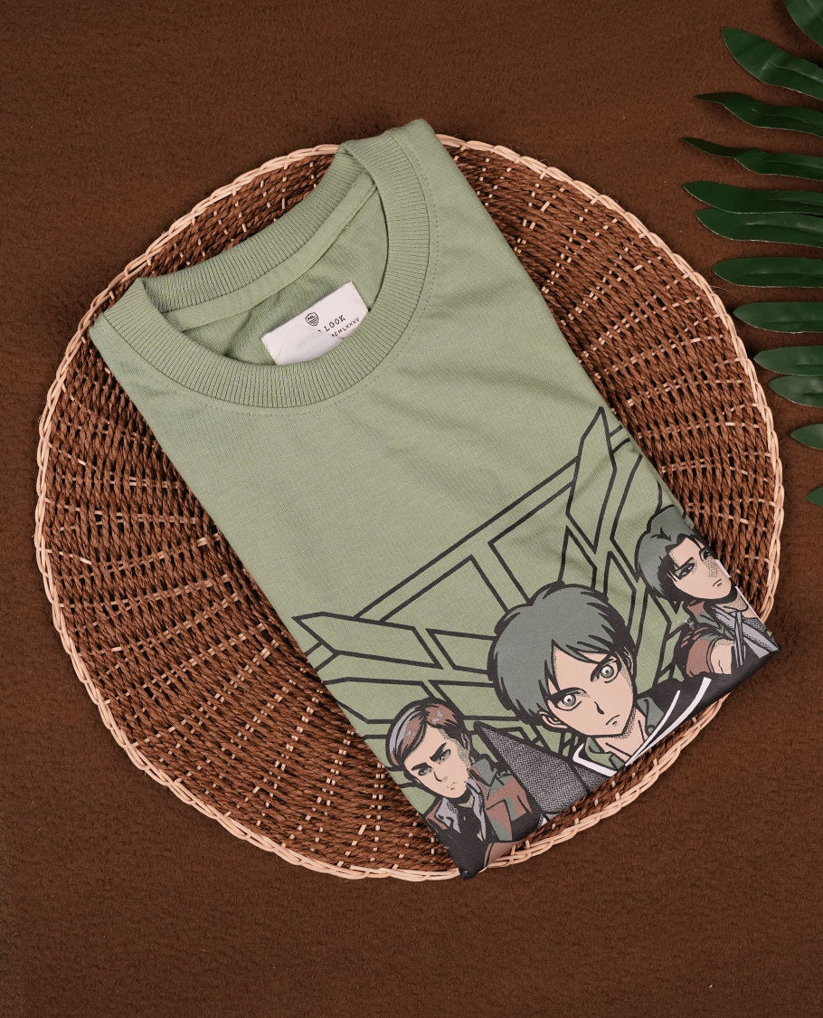 Pastel Green colour men's T shirt featuring bold anime character print with Japanese text, made from soft fabric with half sleeves and a crew neck for a stylish and comfortable fit