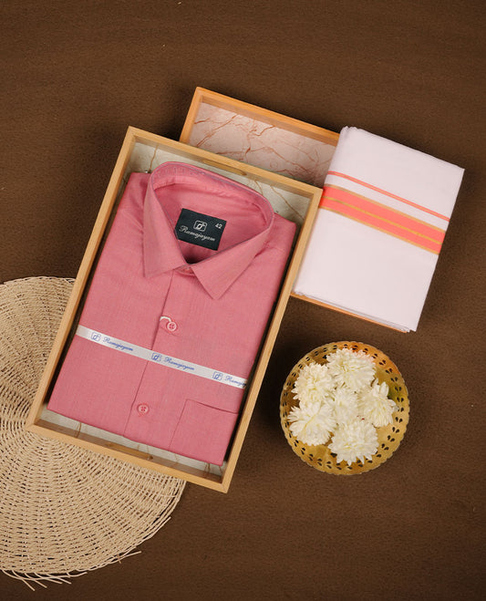 Georgia peach Colour shirt paired with a matching dhoti, finished with a peach and gold border.