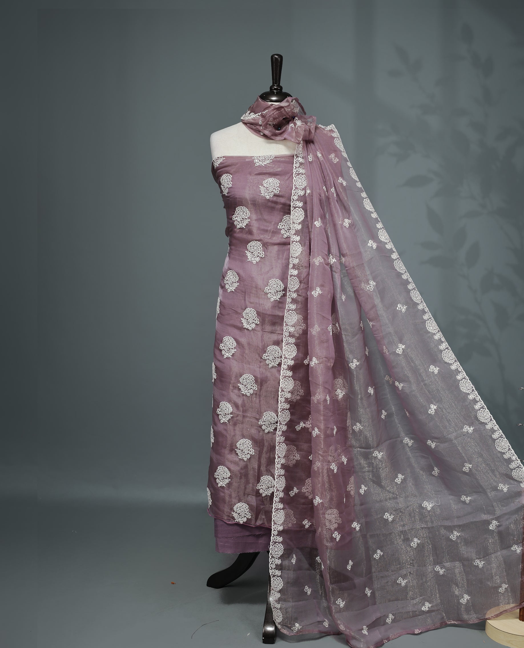 Grape Colour Organza  Salwar material Featuring White Embroidery Work On body & Matching Organza Dupatta with Same work & Scallop border, matching bottom.