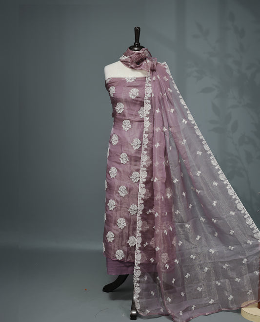 Grape Colour Organza  Salwar material Featuring White Embroidery Work On body & Matching Organza Dupatta with Same work & Scallop border, matching bottom.