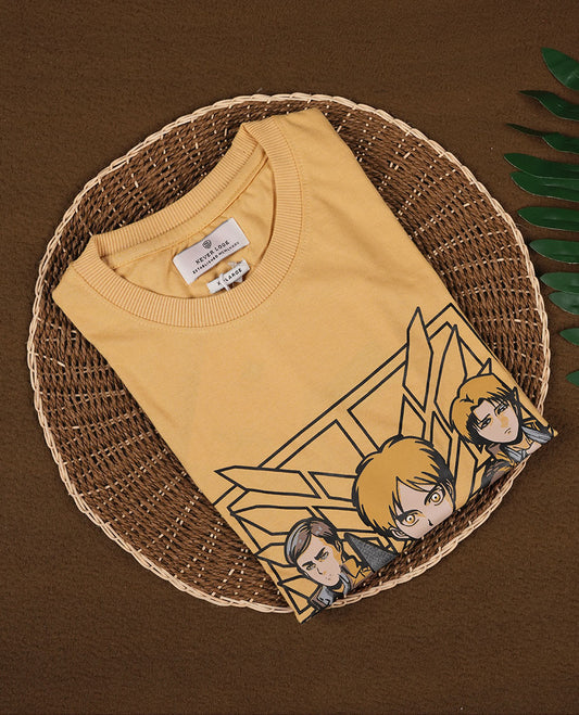 Mustard colour men's T shirt featuring bold anime character print with Japanese text, made from soft fabric with half sleeves and a crew neck for a stylish and comfortable fit
