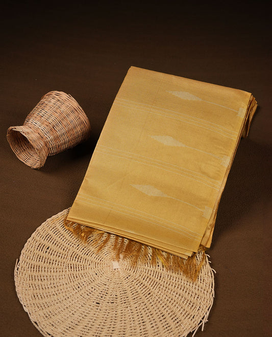 Gold colour semi jute saree highlighting gold zari striped body, without border and paired with matching blouse.