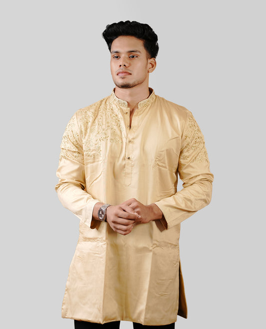 Golden cream colour men's kurta featuring elegant Gold thread work on the body, complemented by full sleeves for a refined and festive look.
