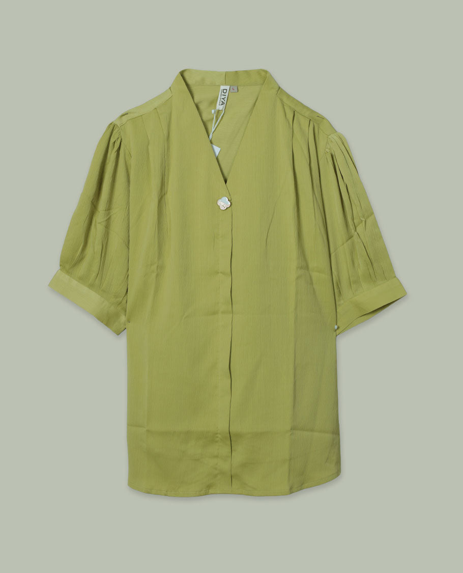 Light green colour V-neck shirt top with single decorative front button, elbow-length cuffed sleeves, and soft gathers at the shoulders.