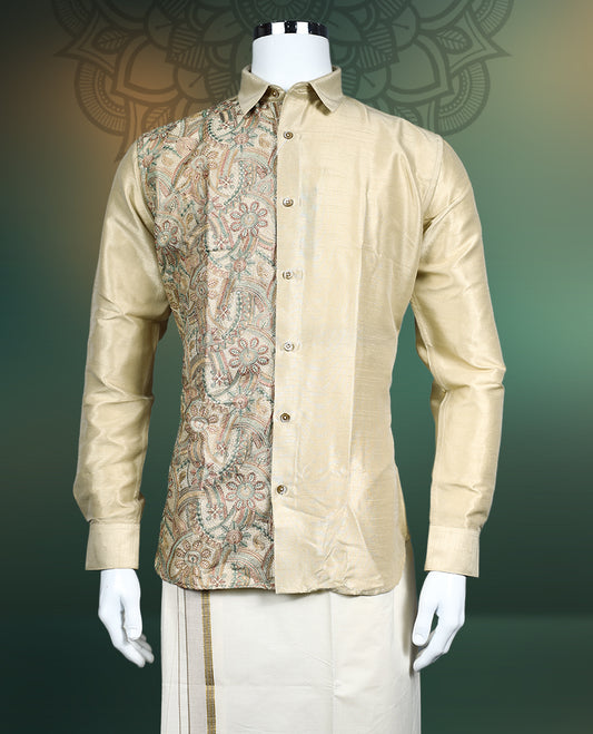 Beige men’s shirt crafted in a lustrous silk finish, featuring full sleeves, a classic collar, and an elegant half body floral brocade pattern on one side, making it perfect for festive and traditional occasions.
