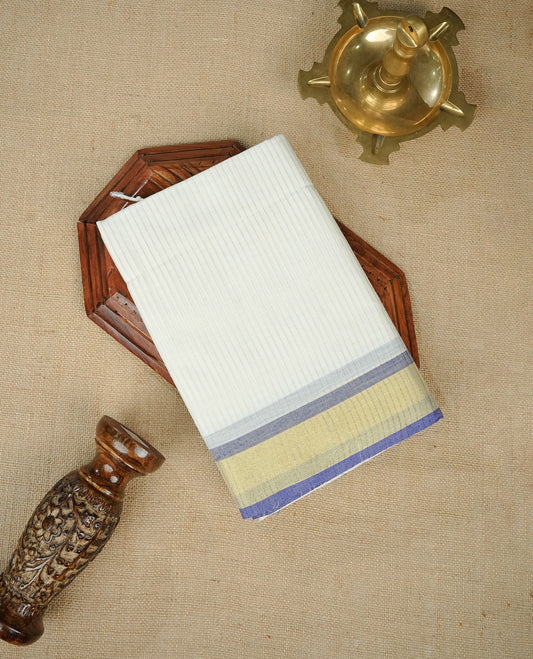 White colour chettinad cotton saree Featuring Gold zari strips on body, complemented by contrast Blue colour with zari border, comes with matching blouse piece.