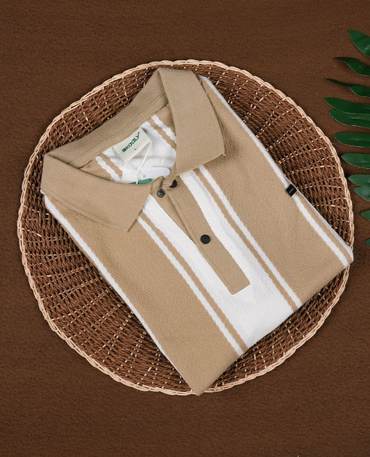 Light brown and white striped men’s polo T shirt featuring a classic collar with button placket, short sleeves, and a regular fit crafted from soft, breathable fabric for everyday comfort and style