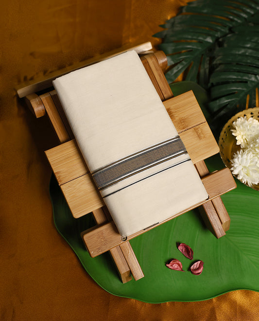 Refined off white colour pure handloom cotton double dhoti, enhanced with an elegant grey, black and silver zari border & A versatile and dignified attire, ideal for traditional ceremonies, weddings, and cultural festivities.