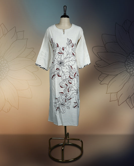 Off white colour kurthi with bold black floral prints and dark maroon accents, featuring three quarter sleeves with contrast edging & Perfect for casual or semi formal wear, pairs beautifully with leggings or palazzos.