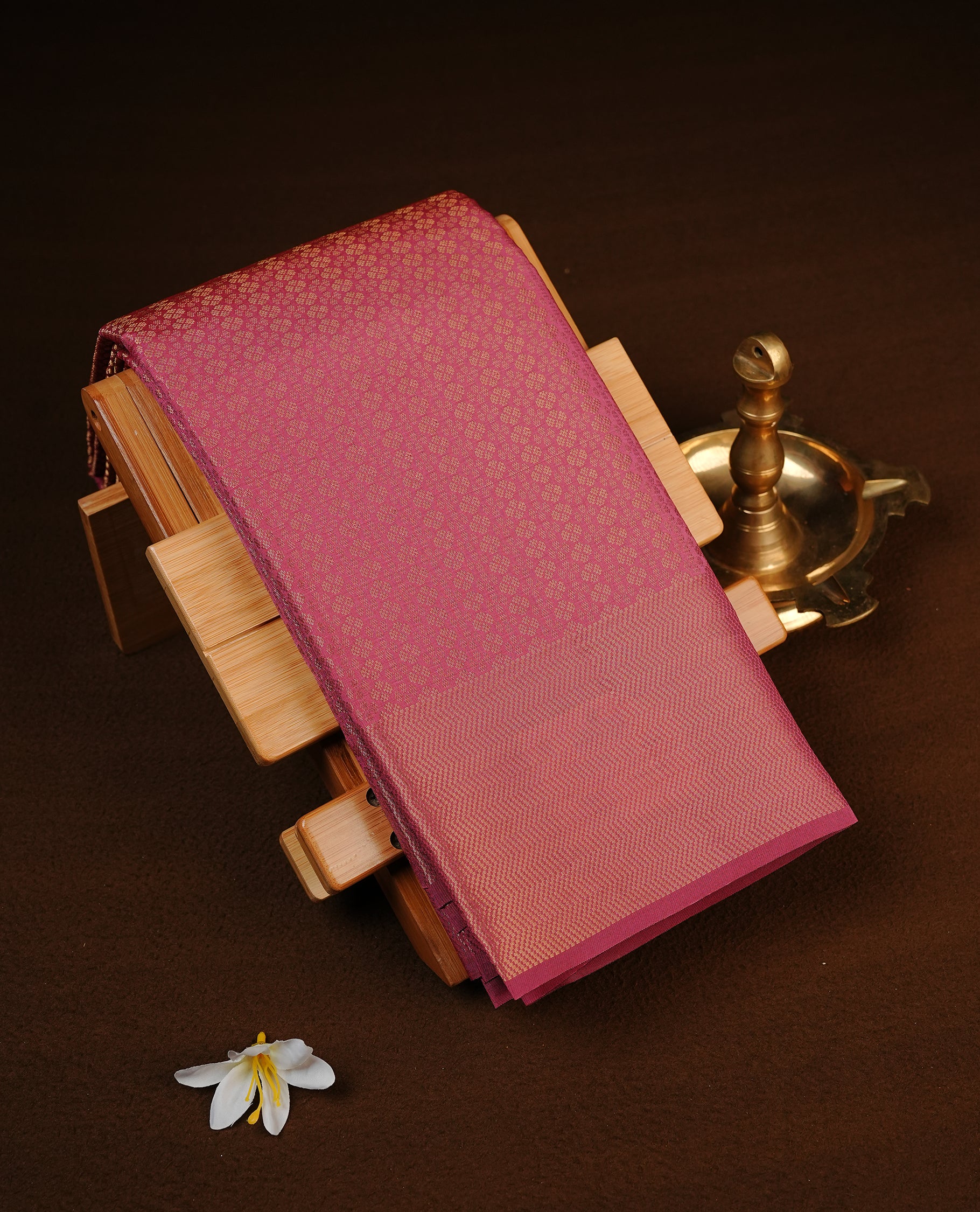 Pink Colour Semi Wedding Silk Saree Featuring Gold Zari Floral Stripes On Body, Adored With Self colour With Traditional Border, Paired With Matching Blouse Piece.