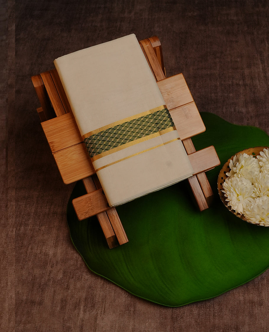 Cream Colour Cotton Double Dhoti Finished With Green & Gold kara.