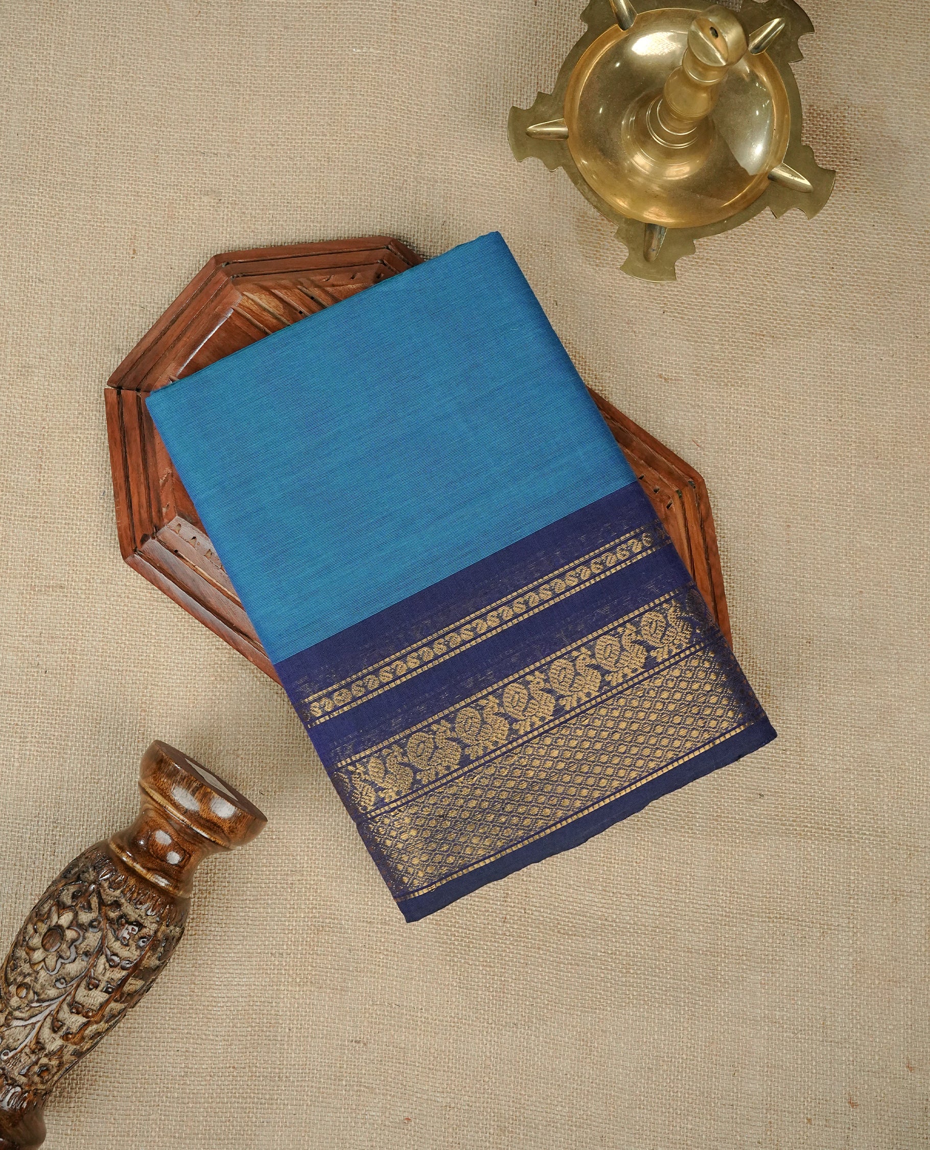 Peacock Colour Chettinad Cotton Saree Featuring a Plain Body, Complemented by a Violet Colour Border with Gold Zari and a Contrast Striped Pallu, Paired with a Matching Blouse Piece.