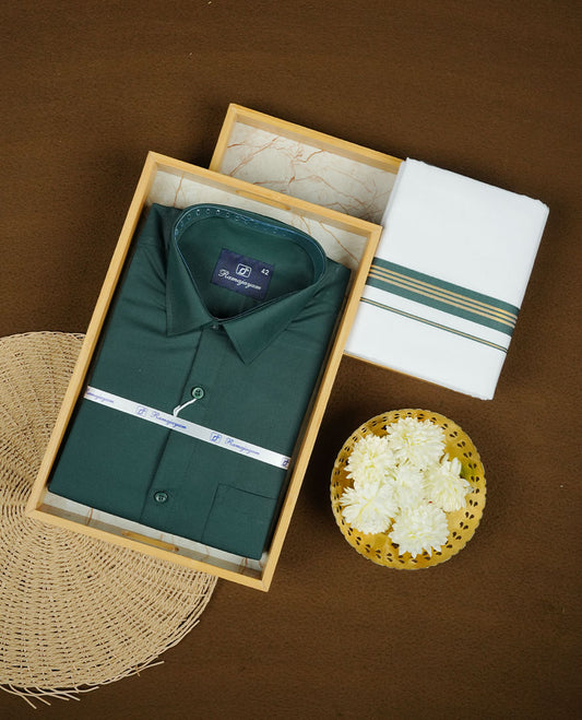 Dark Green Colour shirt paired with a matching dhoti, finished with a Dark green and gold border.