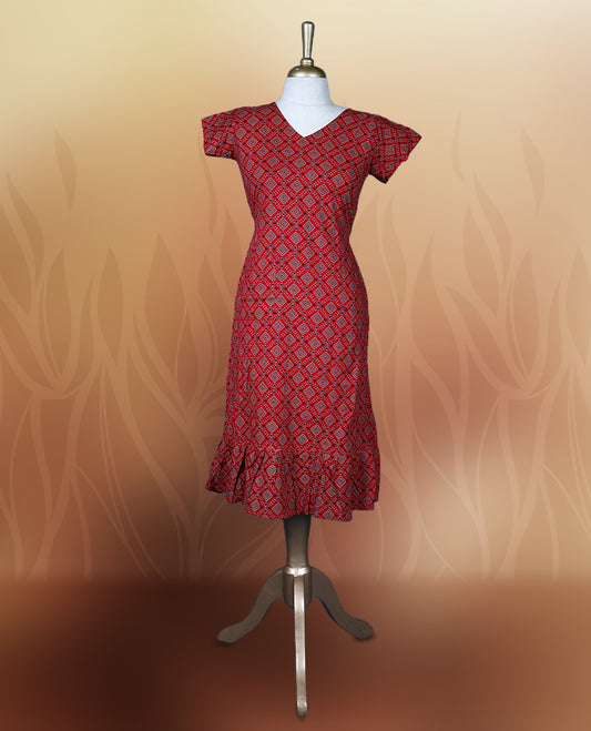 Red colour nightwear with a flattering V neck, short sleeves, and a geometric print & Features a fitted silhouette with a flared hem, Perfect for casual outings or festive occasions.