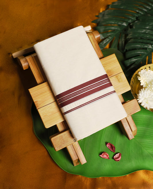 Elegant off white colour pure cotton double dhoti, adorned with a rich maroon border featuring fine woven detailing, A timeless blend of tradition and sophistication, perfect for festive and cultural occasions.