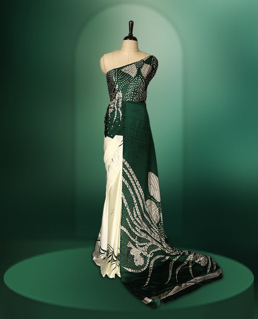 Dark Green colour Semi Modal saree featuring artistic abstract prints across the body, beautifully contrasted with Off  White highlights, complemented by a bold patterned pallu, and paired with a matching blouse