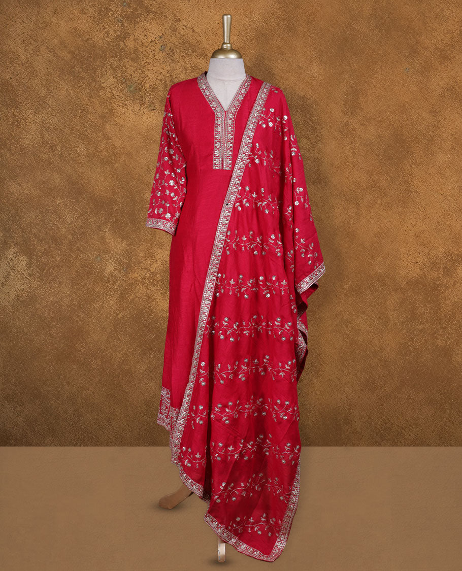 Red colour churidar set featuring thread and embroidered and beats pattern neckline, sleeves, and thread embroidery on body , Paired with a matching dupatta